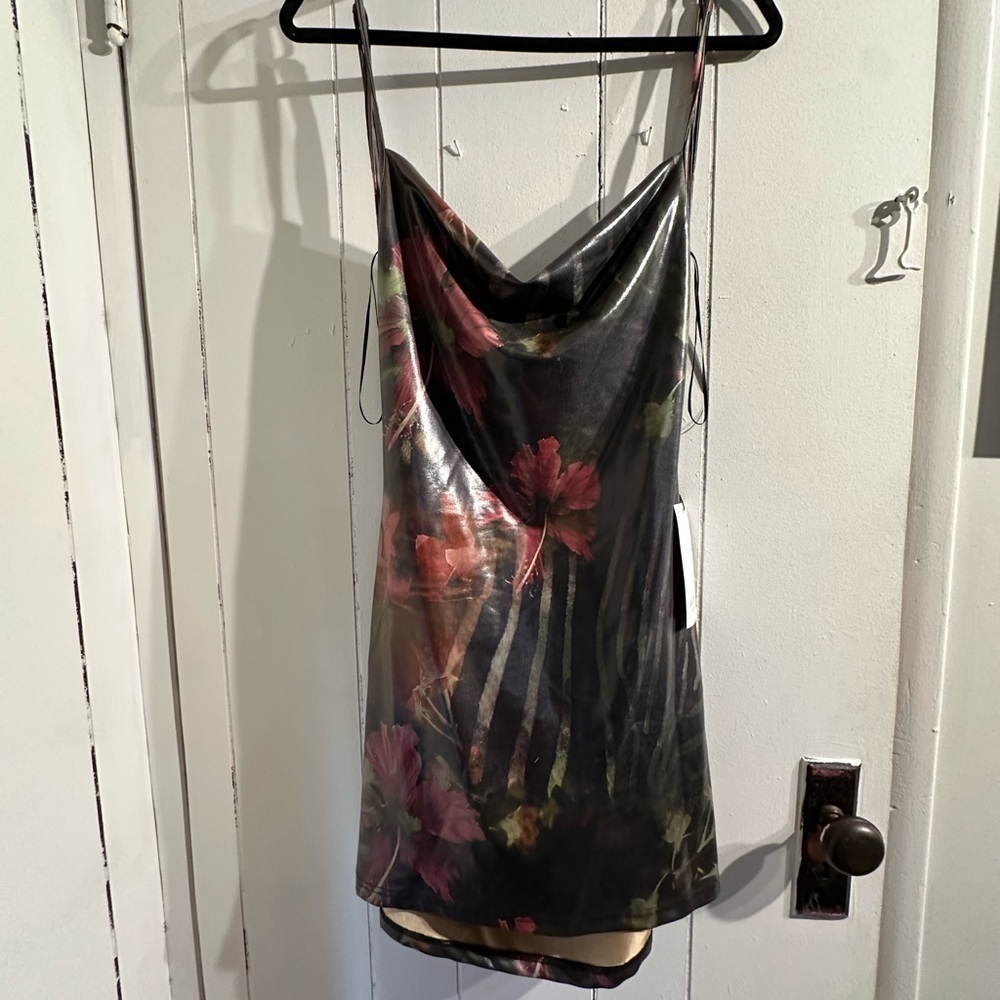 AKIRA NWT SHINY Black Floral Cowl Neck MINI DRESS BACKLESS